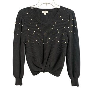 Crown & Ivy Kids Black Ribbed Knit Beaded Sweater Size L VNeck Front Knot Hem